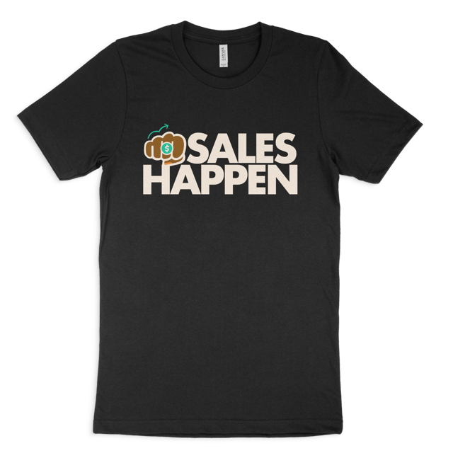 The Bumpsales Happen tee: a black t-shirt with SALES HAPPEN in bold cream letters next to a fist bump